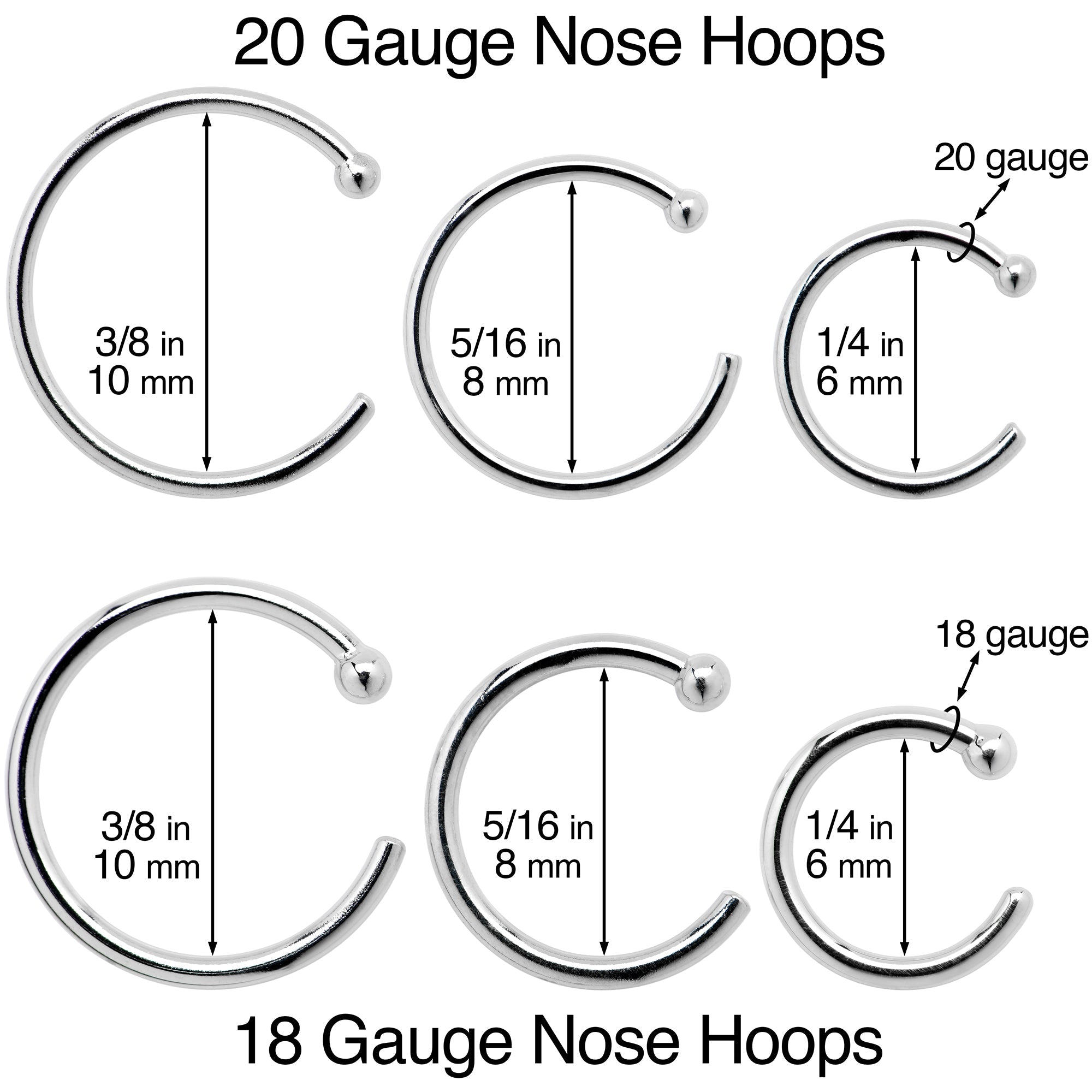 20G 3/8 Solid 18K Yellow Gold Nose Hoop