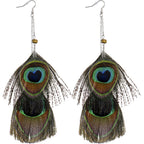 Gold Tone Chain Drop Peacock Feather Earrings