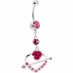 Pink Gem Rose Flower Heart with Arrow Belly Ring