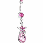 Pink Gem Exotic Flower Teardrop Belly Ring