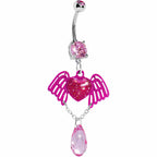 Pink Winged Heart Teardrop Gem Dangle Belly Ring