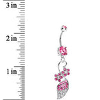 Pink and Clear Paved Gem Elaborate Floral Vine Belly Ring