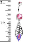 Double Pink Gem Skeletal Leaf Drip Dangle Belly Ring