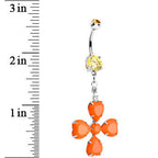 Orange Gem Neon Four Leaf Flower Dangle Belly Ring