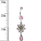 Pink CZ Daisy Flower Teardrop Dangle Belly Ring
