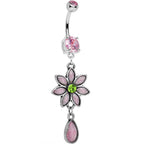 Pink CZ Daisy Flower Teardrop Dangle Belly Ring
