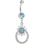 Aqua Crystalline Gem Paved Ring Bursting Flower Dangle Belly Ring