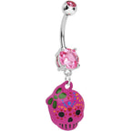 Pink Gem Girly Sugar Skull Dangle Belly Ring