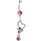Pink Crystalline Paved Yearning Hearts Dangle Belly Ring