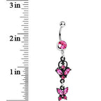 Pink Gem Bejeweled Black Butterfly Dangle Belly Ring