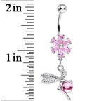 Pink CZ Flower Topped Orb and Fairy Dangle Belly Ring