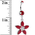 Red CZ Pearly Center Velvet Leaf Flower Dangle Belly Ring