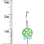 Green Gem and Green Swirled Bow Wrapped Lollipop Dangle Belly Ring