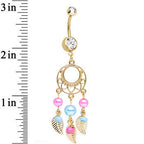 Clear Gem Gold Plated Pearly Feathers Dreamcatcher Dangle Belly Ring