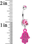Pink Double Gem Powerful Blessing Pink Hamsa Hand Dangle Belly Ring