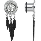 00G Clear Gem Steel Single Flare Tree of Life Dangle Plug Set