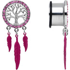 11/16 Pink Gem Steel Single Flare Tree of Life Dangle Plug Set