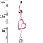 Pink Paved Heart and Star Dangle Belly Ring