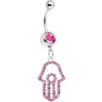 Pink Paved Hamsa Hand Dangle Belly Ring