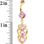 Pink Cubic Zirconia Gold PVD Trio of Hearts Dangle Belly Ring