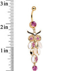 Pink Gem White Faux Opal Gold Anodized Feather Owl Dangle Belly Ring