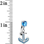 925 Sterling Silver Aqua Jeweled Anchor Top Mount Dangle Belly Ring