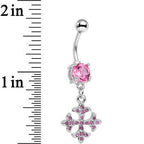 Pink Cubic Zirconia Cathedral Cross Dangle Belly Ring