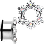 18mm Clear and Aurora Gem Snowflake Steel Tunnel Plug Set