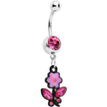 Pink Czech Stone Black Faceted Floral Foliage Dangle Belly Ring