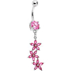 Pretty Pink CZ Gem Cascading Fall Flower Bouquet Dangle Belly Ring