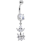 Clear CZ Gem Glitter Budding Flower Dangle Belly Ring