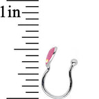 Pink Synthetic Opal Rhodium Plated Heart Clip On Fake Nose Ring