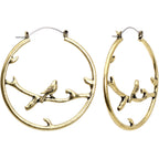 Bronze-colored Bird on Branch Tunnel Hoop Earrings