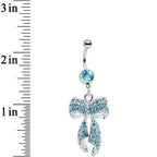 Aqua Gem Stainless Steel Encrusted Bow Dangle Belly Ring