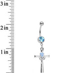 Baby Blue Gem Cross and Rose Flower Loving Spirit Dangle Belly Ring
