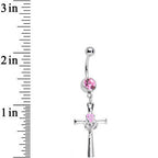 Rosy Pink Gem Cross and Rose Flower Loving Spirit Dangle Belly Ring