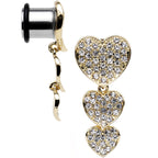 Clear Gem Steel Triple Heart Single Flare Dangle Plug Set Sizes 5mm to 00G