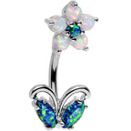 Clear Aqua Faux Opal Flourishing Flower Double Mount Belly Ring