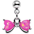 16G 1/4 Pink Faux Opal Heart Bow Dangle Cartilage Earring