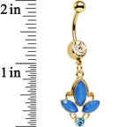 Clear Blue Gem Gold PVD Fleur de Lis Dangle Belly Ring