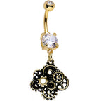 Clear Gem Gold PVD Steampunk Jumble Gears Dangle Belly Ring