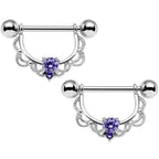 14G 5/8 Purple CZ Gem Steel Scalloped Dangle Nipple Ring Set