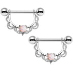 14G 5/8 White Synthetic Opal Steel Scalloped Nipple Ring Set