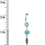 Aqua Gem Faux Turquoise Freedom Feather Dangle Belly Ring