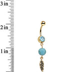 Faux Turquoise Gold Anodized Freedom Feather Dangle Belly Ring