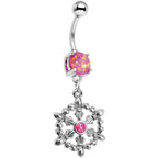 Pink Faux Opal Fleur de Lis Hoop Dangle Belly Ring