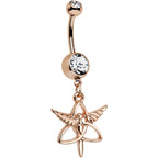 Clear Gem Rose Gold Anodized Heralds Staff Trinity Dangle Belly Ring