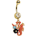 Clear Aqua Gem Gold PVD Orange Black Flower Seahorse Dangle Belly Ring