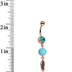 Aqua Gem Rose Gold Anodized Faux Turquoise Feather Dangle Belly Ring