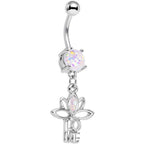 White Faux Opal Framework Love Lotus Flower Dangle Belly Ring